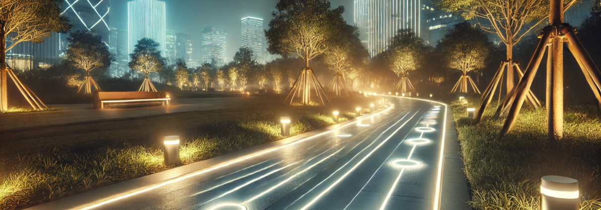 Chemin illuminé par un balisage lumineux au sol dans un cadre urbain nocturne