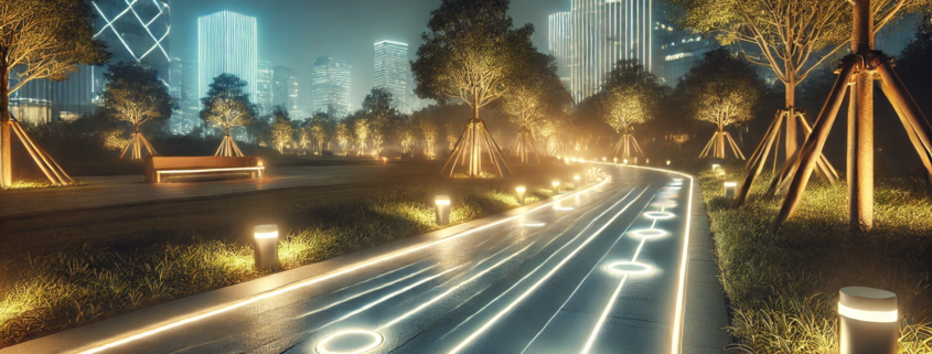 Chemin illuminé par un balisage lumineux au sol dans un cadre urbain nocturne