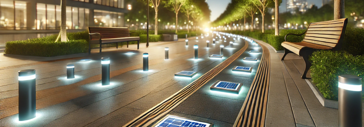 Balisage lumineux solaire illuminant un chemin urbain de nuit avec des panneaux solaires intégrés