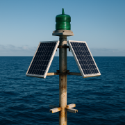 Balise marine solaire au large, équipée de panneaux photovoltaïques et d’un feu vert, sur fond d’océan calme et ciel bleu