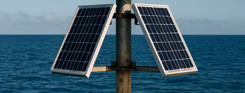 Balise marine solaire au large, équipée de panneaux photovoltaïques et d’un feu vert, sur fond d’océan calme et ciel bleu