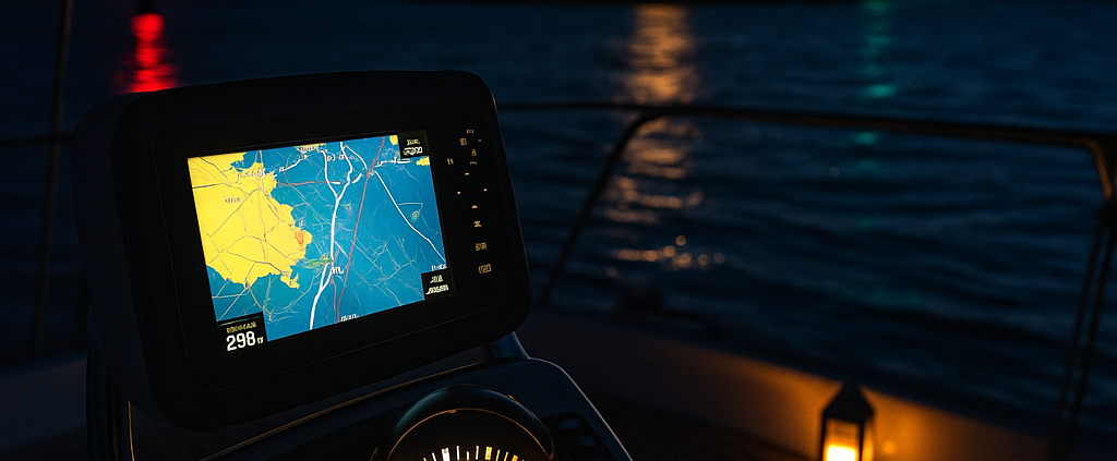 Vue nocturne depuis la barre d’un voilier, avec compas, GPS affichant une carte marine et trois feux de navigation visibles au loin