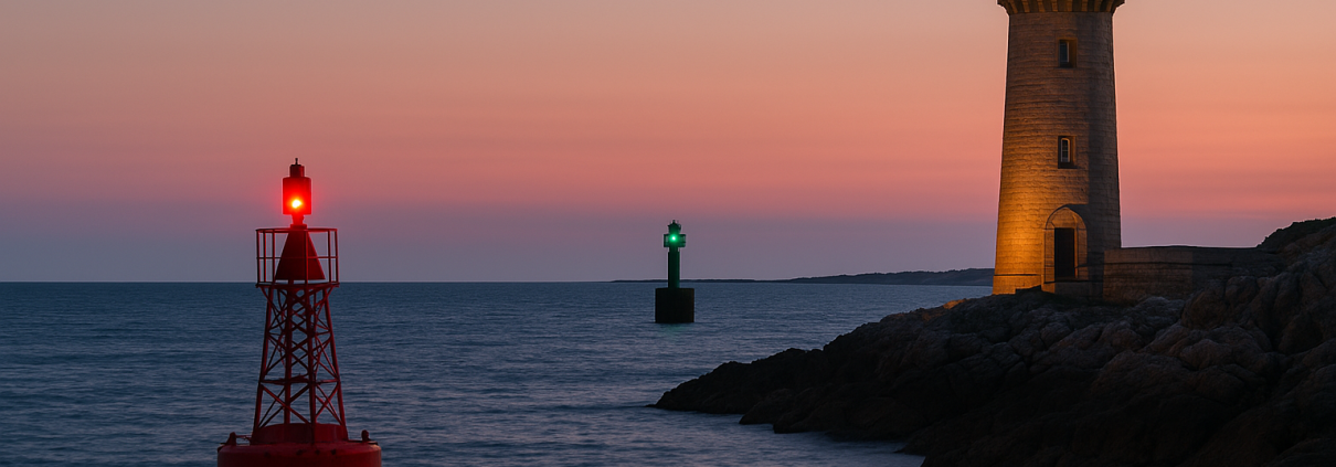 Phare en pierre allumé au crépuscule, accompagné d’une bouée rouge et d’une balise verte, dans un paysage côtier paisible