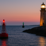 Phare en pierre allumé au crépuscule, accompagné d’une bouée rouge et d’une balise verte, dans un paysage côtier paisible