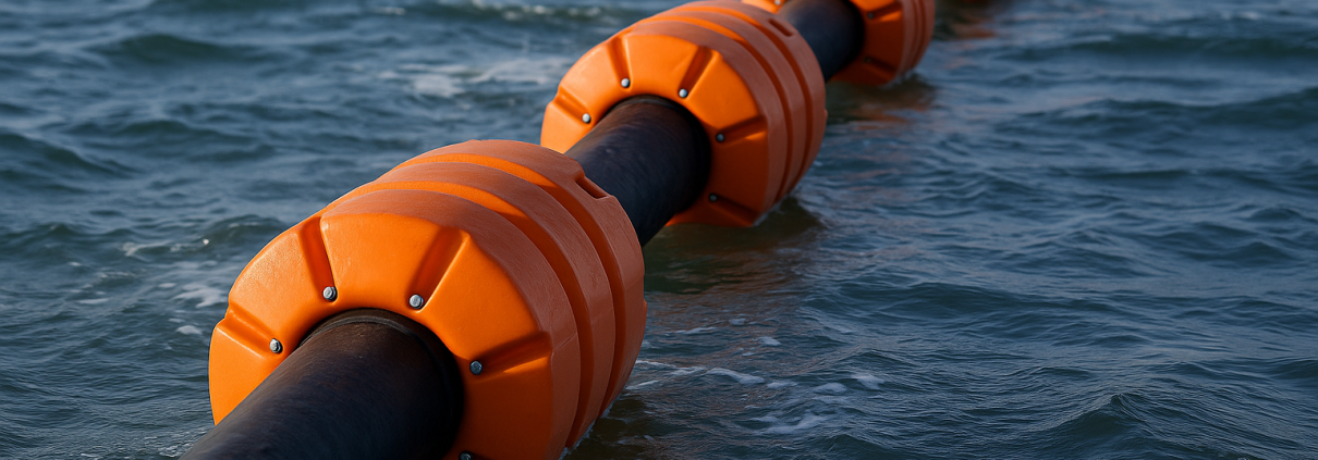Flotteurs de drague orange fixés à une conduite flottante sur une mer agitée