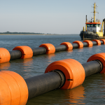 Flotteurs de drague orange soutenant des conduites flottantes reliées à un navire de chantier maritime