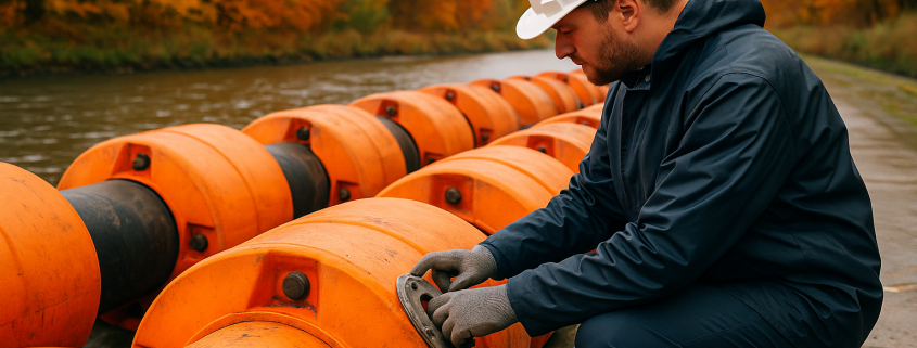 technicien inspectant des flotteurs de drague sur un quai en automne