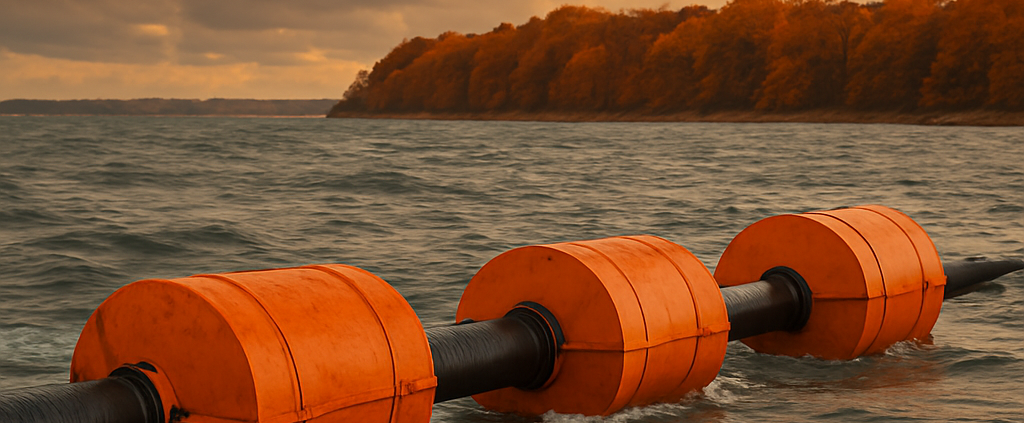 flotteurs de drague orange sur une mer agitée sous ciel d’automne