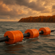 flotteurs de drague orange sur une mer agitée sous ciel d’automne