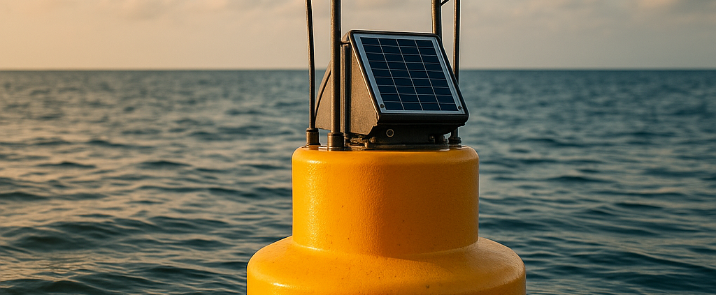 Bouée d’amarrage connectée équipée de capteurs et d’un panneau solaire, flottant sur une mer calme au coucher du soleil