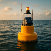 Bouée d’amarrage connectée équipée de capteurs et d’un panneau solaire, flottant sur une mer calme au coucher du soleil