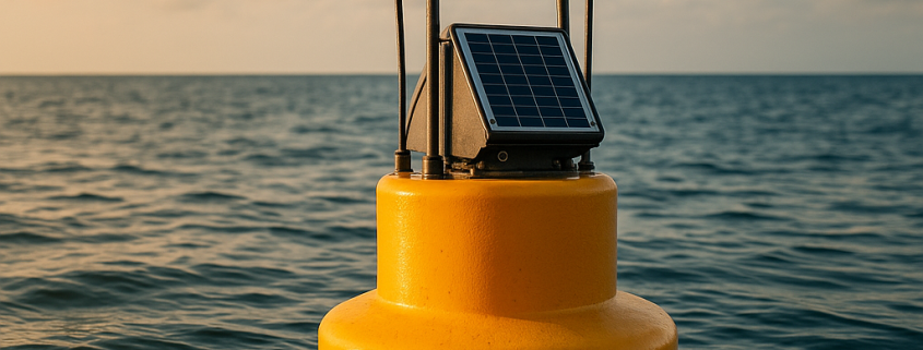 Bouée d’amarrage connectée équipée de capteurs et d’un panneau solaire, flottant sur une mer calme au coucher du soleil