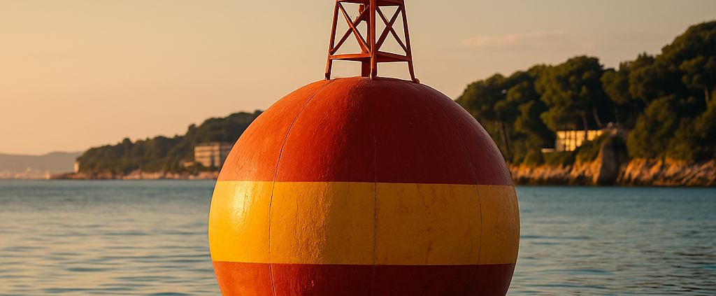 Bouée maritime colorée flottant sur une mer calme au coucher du soleil, près d’une côte boisée et touristique