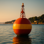 Bouée maritime colorée flottant sur une mer calme au coucher du soleil, près d’une côte boisée et touristique